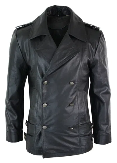 Truclothing German Sailors Double Breasted Leather Coat In Black