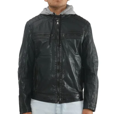 Truclothing Hooded Biker Lamb Leather Jacket In Black