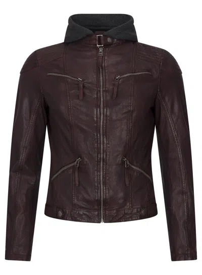 Truclothing Hooded Biker Leather Jacket In Brown