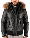 Truclothing Hooded Bomber Puffer Leather Jacket In Black