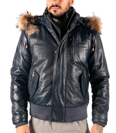 Truclothing Hooded Bomber Puffer Leather Jacket In Blue