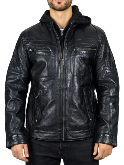 Truclothing Hooded Genuine Leather Motorcycle Biker Jacket In Black