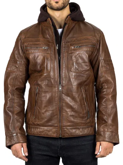 Truclothing Hooded Genuine Leather Motorcycle Biker Jacket In Brown