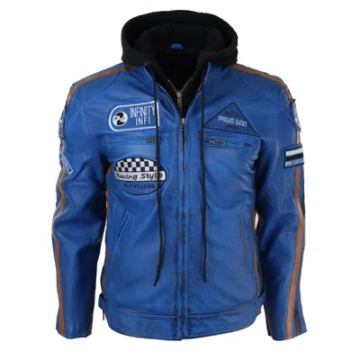 Truclothing Hooded Zipped Biker Leather Jacket In Blue