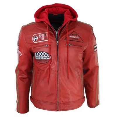 Truclothing Hooded Zipped Biker Leather Jacket In Red
