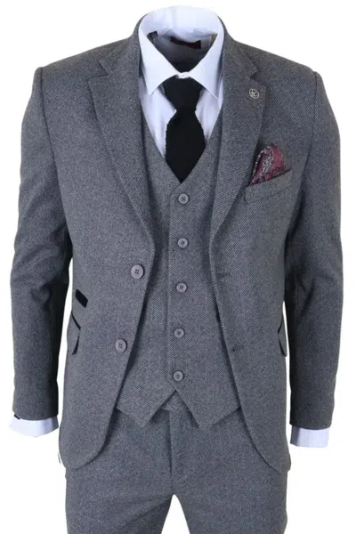 Truclothing Im41 3 Piece Suit Wool Blend Tweed Herringbone Formal In Gray