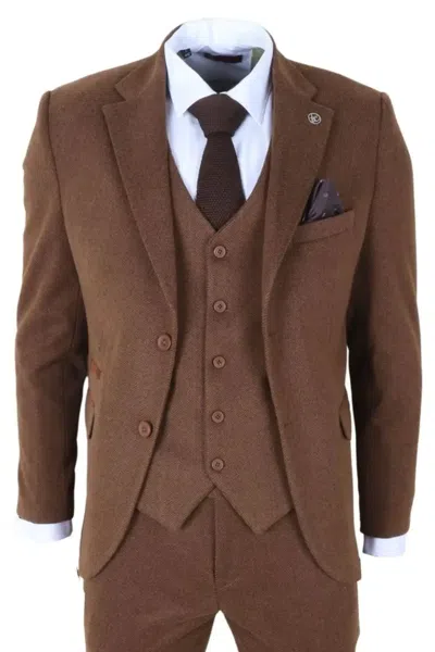 Truclothing Im42 3 Piece Suit Wool Blend Tweed Herringbone In Brown
