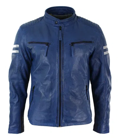 Truclothing Leather Biker Racing Jacket Short In Blue