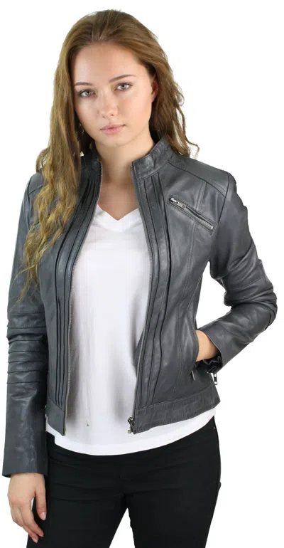 Truclothing Leather Biker Slim Fit Jacket With Nehru Collar In Black