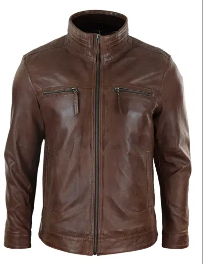 Truclothing Leather High Collar Zipped Biker Jacket In Multi