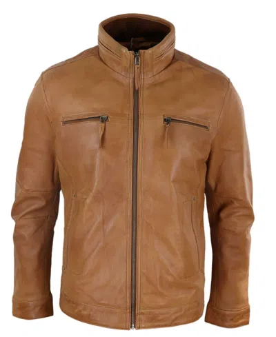 TRUCLOTHING LEATHER HIGH COLLAR ZIPPED BIKER JACKET