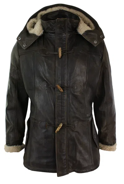Truclothing Leather Hood Duffle Safari Jacket In Brown