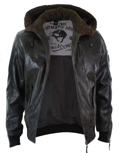Truclothing Leather Hooded Bomber Jacket In Brown