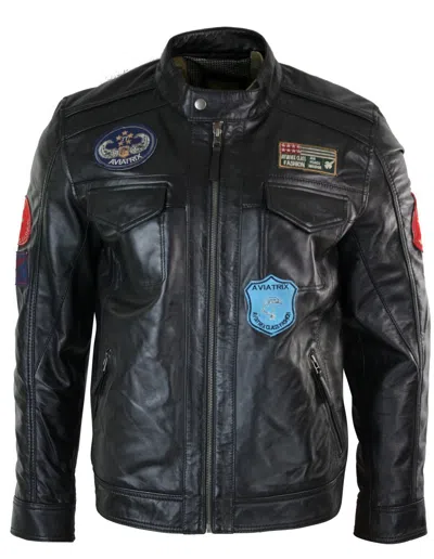 Truclothing Leather Jacket Badge Racing Us Pilot In Black