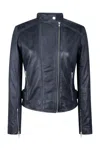 Truclothing Leather Jacket Cross Zip Nehru Collarless In Blue