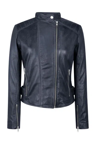 Truclothing Leather Jacket Cross Zip Nehru Collarless In Blue