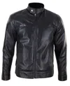 Truclothing Leather Jacket Nehru Grandad Collar Biker In Black