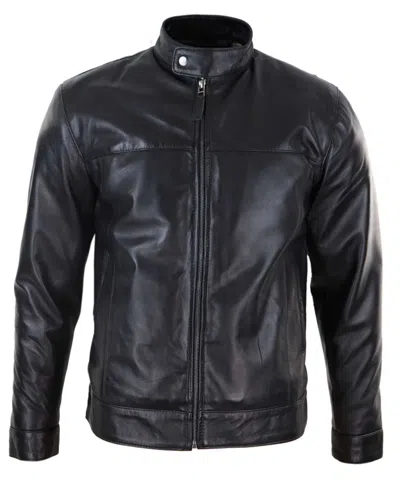TRUCLOTHING LEATHER JACKET NEHRU GRANDAD COLLAR BIKER