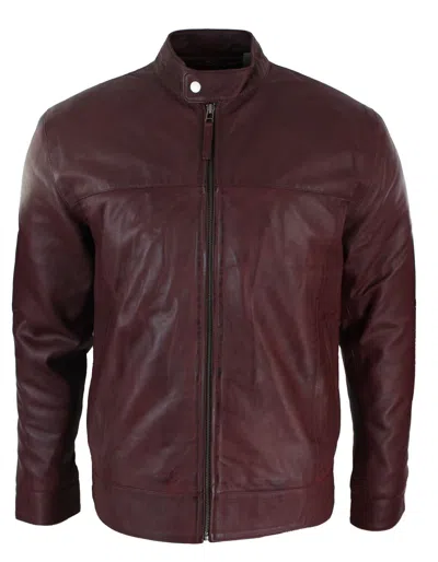 Truclothing Leather Jacket Nehru Grandad Collar Biker In Brown