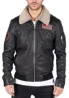 Truclothing Leather Pilot Bomber Jacket With Collar In Black