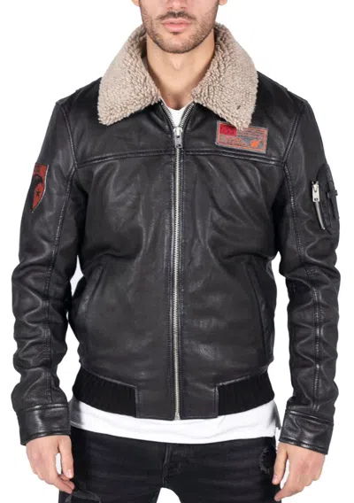 Truclothing Leather Pilot Bomber Jacket With Collar In Black