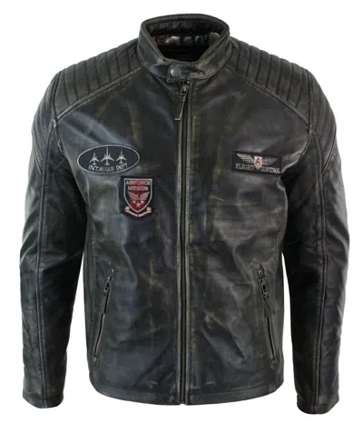 Truclothing Leather Washed Biker Airforce Jacket In Black