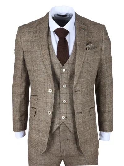 Truclothing Liam 3 Piece Suit Checked Slim Fit Formal Dress In Brown