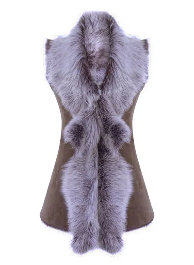 Truclothing Long Taupe Shearling Sheepskin Waistcoat In Grey