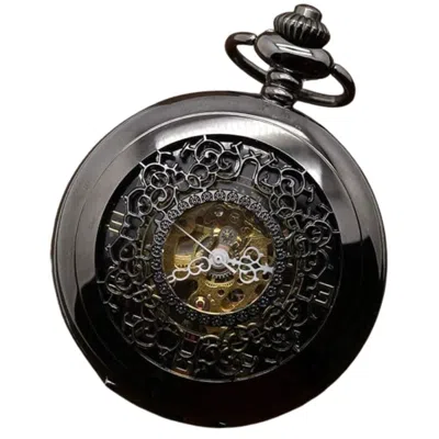 Truclothing Mechanical Skeleton Half Hunter Antique Brass Vintage Pocket Watch With Chain In Black
