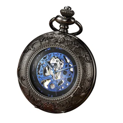 Truclothing Mechanical Skeleton Half Hunter Vintage Pocket Watch With Chain In Black