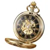 Truclothing Mechanical Skeleton Half Hunter Vintage Pocket Watch With Chain In Gold