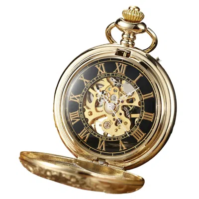 Truclothing Mechanical Skeleton Half Hunter Vintage Pocket Watch With Chain In Gold