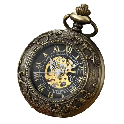 Truclothing Mechanical Skeleton Half Hunter Vintage Pocket Watch With Chain In Gold