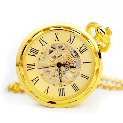 Truclothing Mechanical Skeleton Open Face Pocket Watch With Chain In Gold