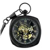 Truclothing Mechanical Skeleton Open Face Square Pocket Watch With Chain In Black