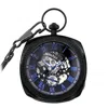 Truclothing Mechanical Skeleton Open Face Square Pocket Watch With Chain In Blue