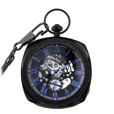 Truclothing Mechanical Skeleton Open Face Square Pocket Watch With Chain In Blue
