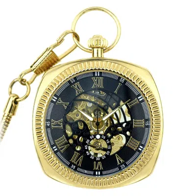 Truclothing Mechanical Skeleton Open Face Square Pocket Watch With Chain In Gold