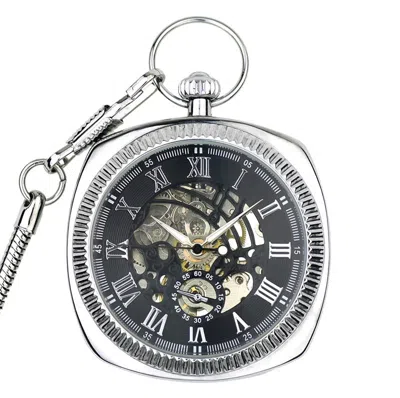 Truclothing Mechanical Skeleton Open Face Square Pocket Watch With Chain In Metallic