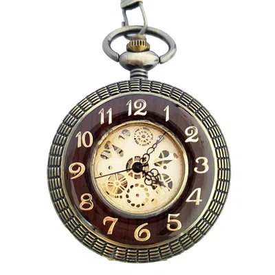 Truclothing Mechanical Skeleton Wooden Half Hunter Pocket Watch With Chain In Gold