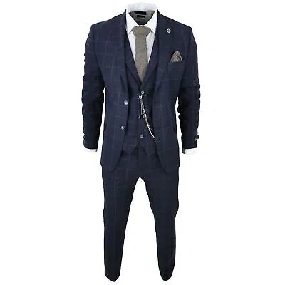 Pre-owned Truclothing Men's 3 Piece Suit Wool Tweed Herringbone Navy