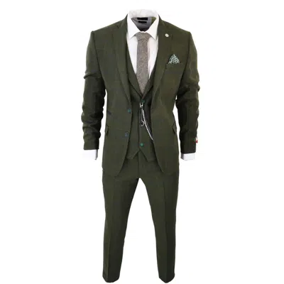 Pre-owned Truclothing Men's 3 Piece Suit Wool Tweed Herringbone Olive