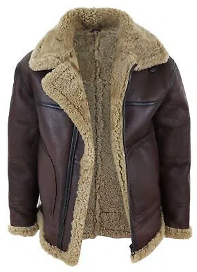 Pre-owned Truclothing Men's Aviator Real Shearling Sheepskin Leather Bomber Flying Jacket In Brown