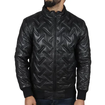 Pre-owned Truclothing Men's Puffer Quilted Bomber Real Leather Jacket In Black