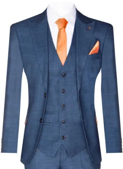 Pre-owned Truclothing Mens 3 Piece Blue Suit Prince Of Wales Check Classic Light Tailored Fit Modern