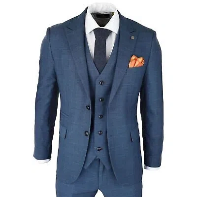 Pre-owned Truclothing Mens 3 Piece Prince Of Wales Check Suit Blue Classic Light Tailored Fit Modern