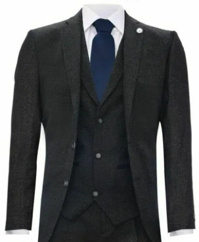 Pre-owned Truclothing Mens 3 Piece Tweed Suit Herringbone Wool Vintage Retro Peaky Blinders 1920s In Black
