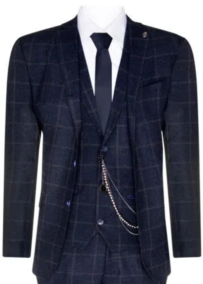 Pre-owned Truclothing Mens 3 Piece Wool Suit Navy Blue Tweed Check Peaky Blinders 1920 Gatsby Formal