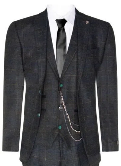 Pre-owned Truclothing Mens 3 Piece Wool Suit Olive Green Tweed Check Peaky Blinders 1920 Gatsby Formal