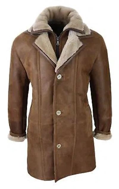 Pre-owned Truclothing Mens 3/4 Duffle Jacket Real Sheepskin Long Smart Casual Button Zip Warm Coat In Tan